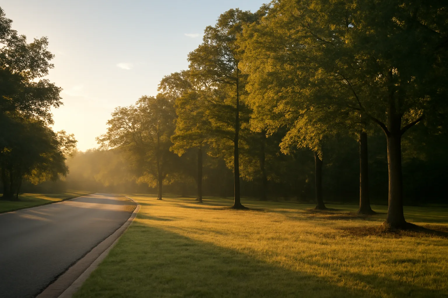 Pine and hardwood tree line at the edge of a Texas suburban neighborhood at dawn