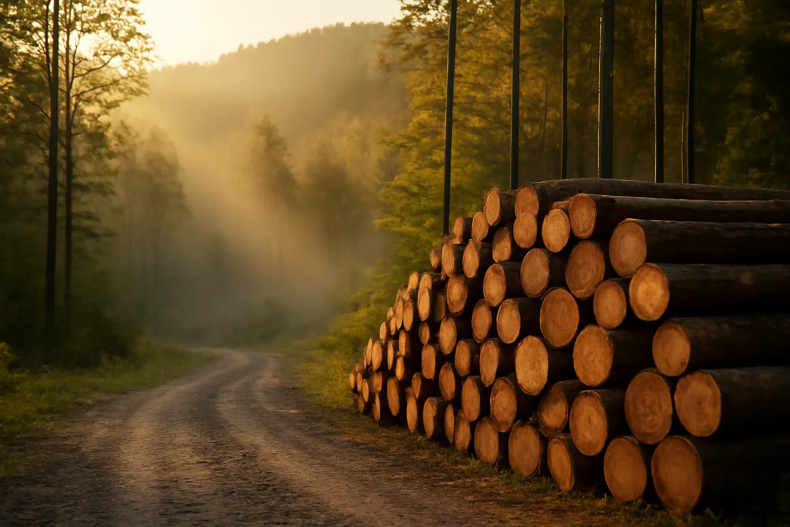 Stacked cut logs at the edge of a wooded hillside at golden hour