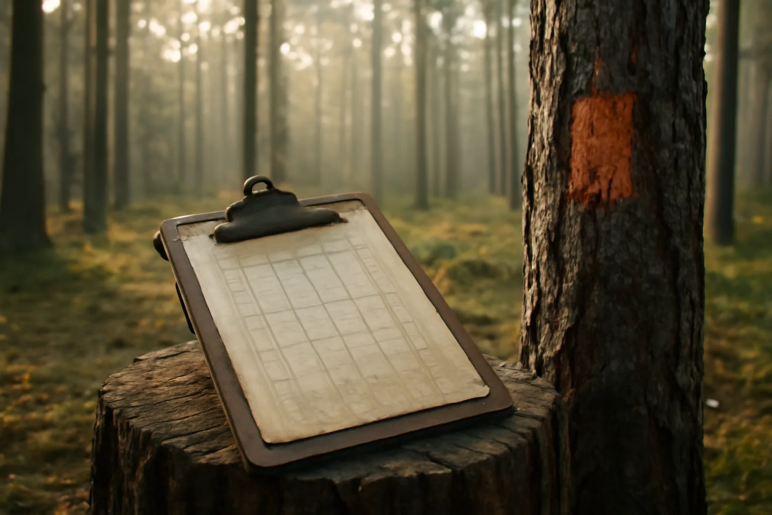 Forester's cruise notes on a stump next to a paint-marked tree, illustrating timber value documentation