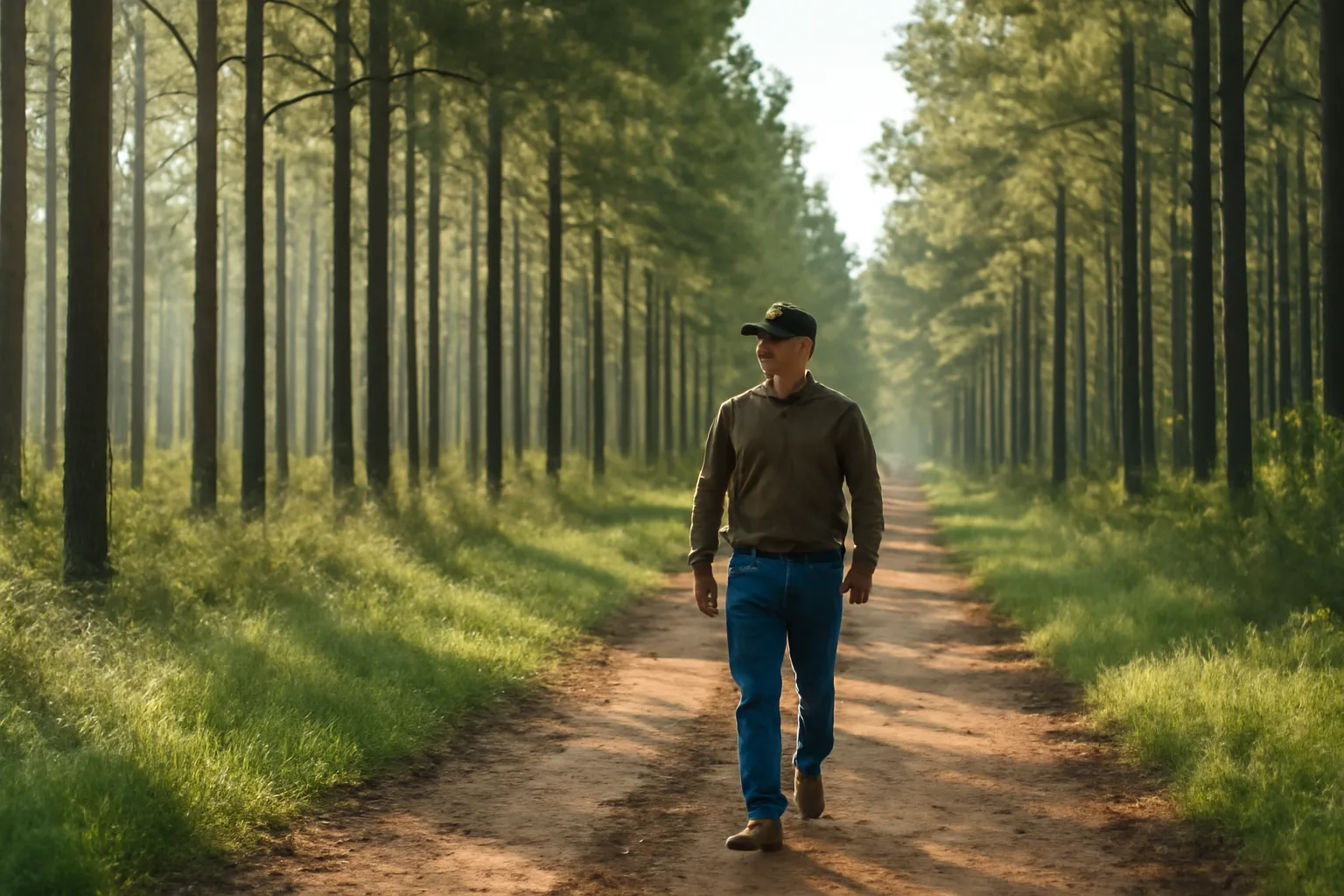 East Texas pine timberland managed under open-space property tax valuation at sunrise