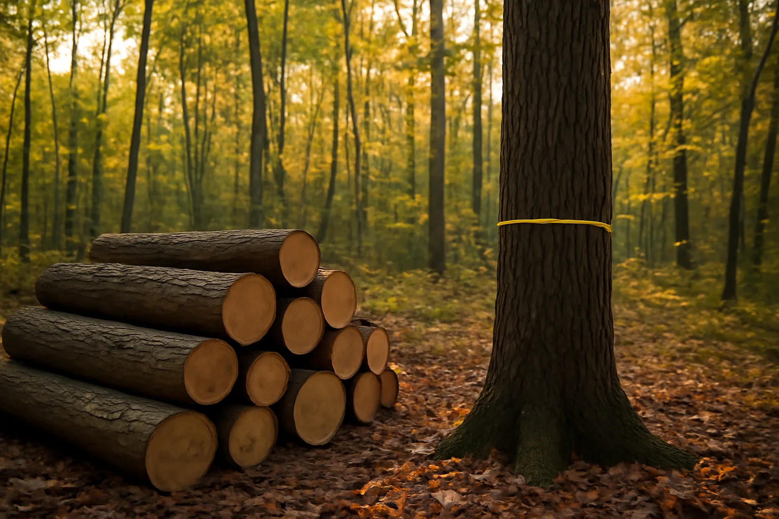 Freshly cut timber logs stacked at edge of hardwood woodlot in autumn morning light