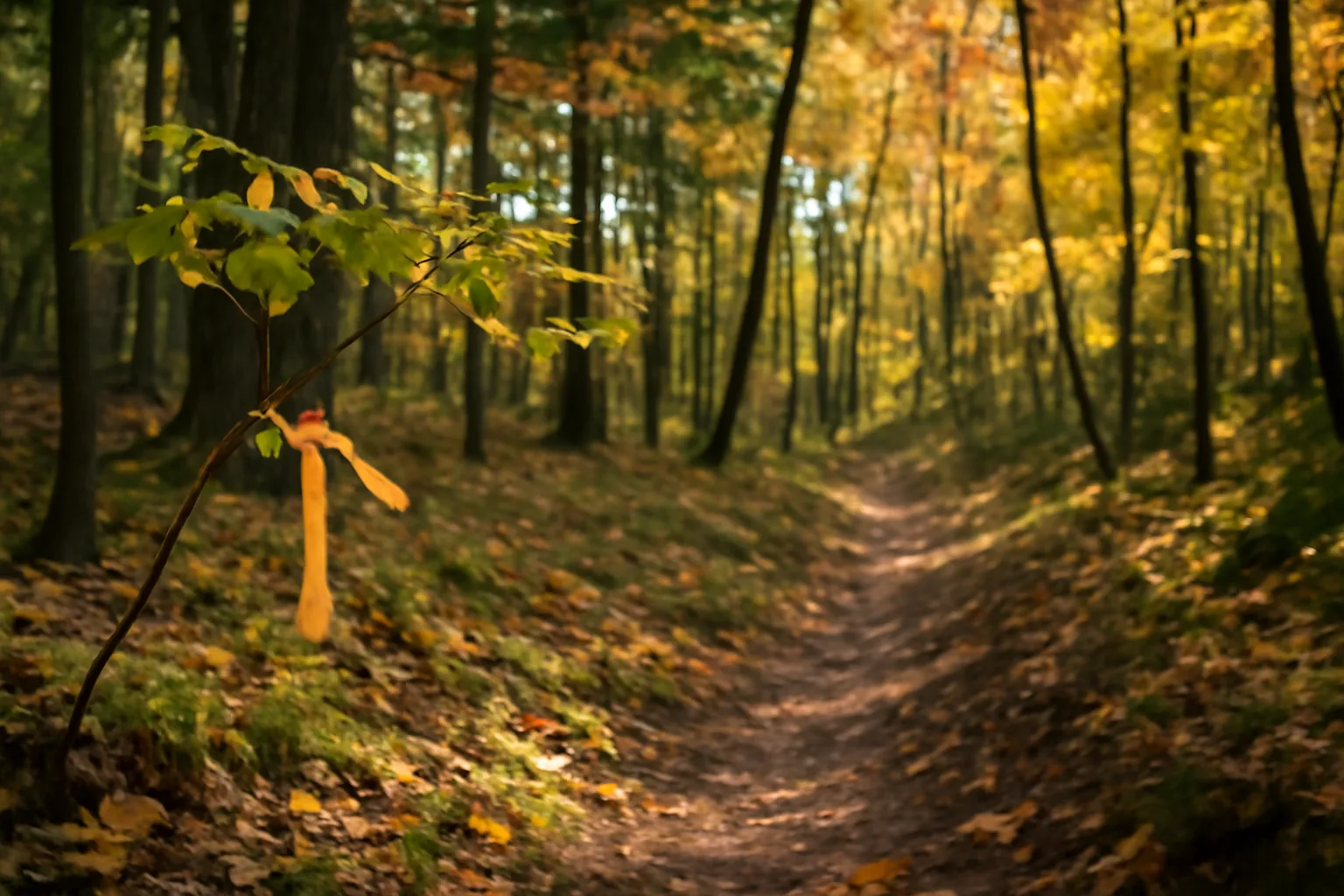 Sunlit mixed pine and maple forest stand on a Minnesota woodlot in autumn