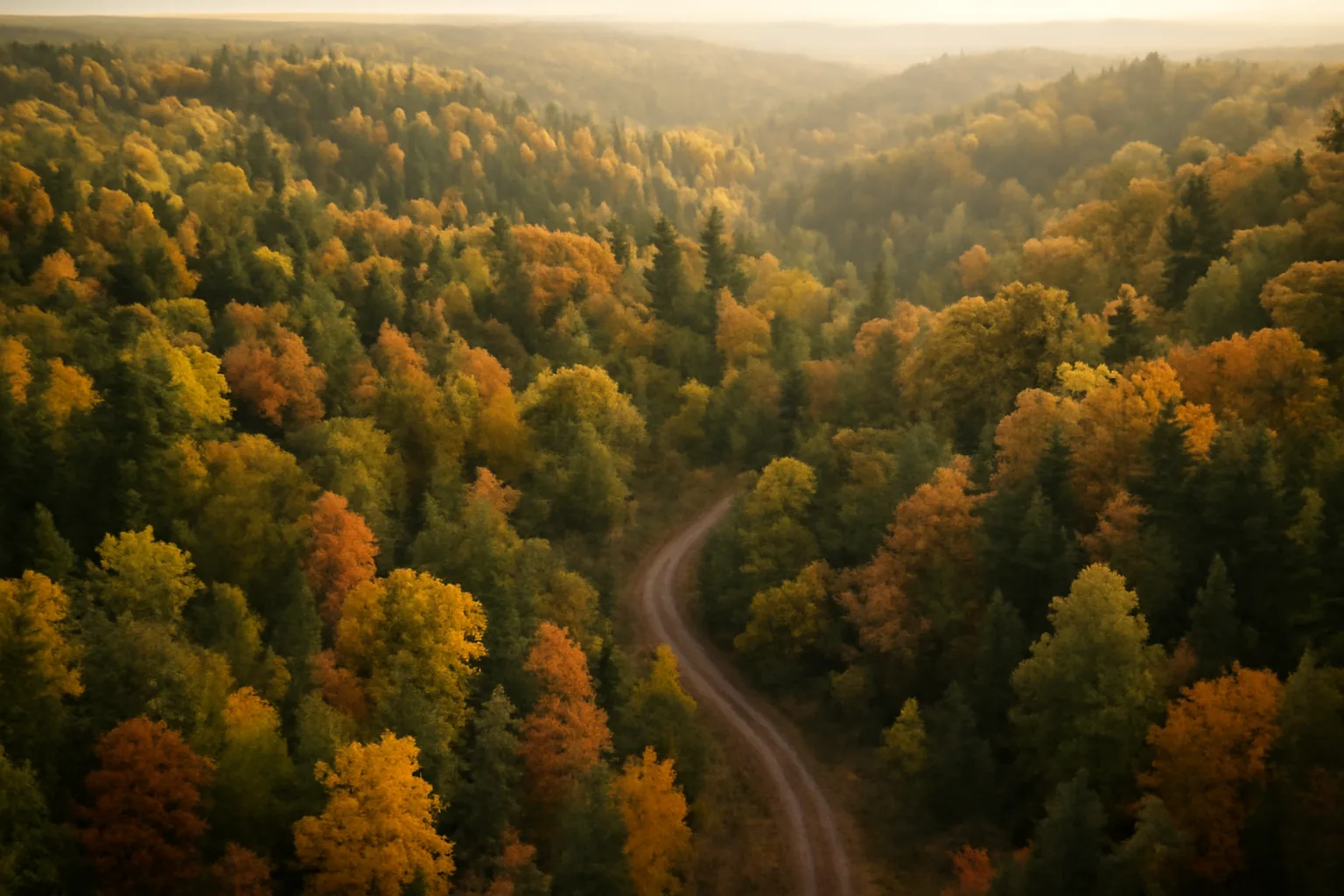 Aerial view of Wisconsin mixed forest with autumn color and logging road