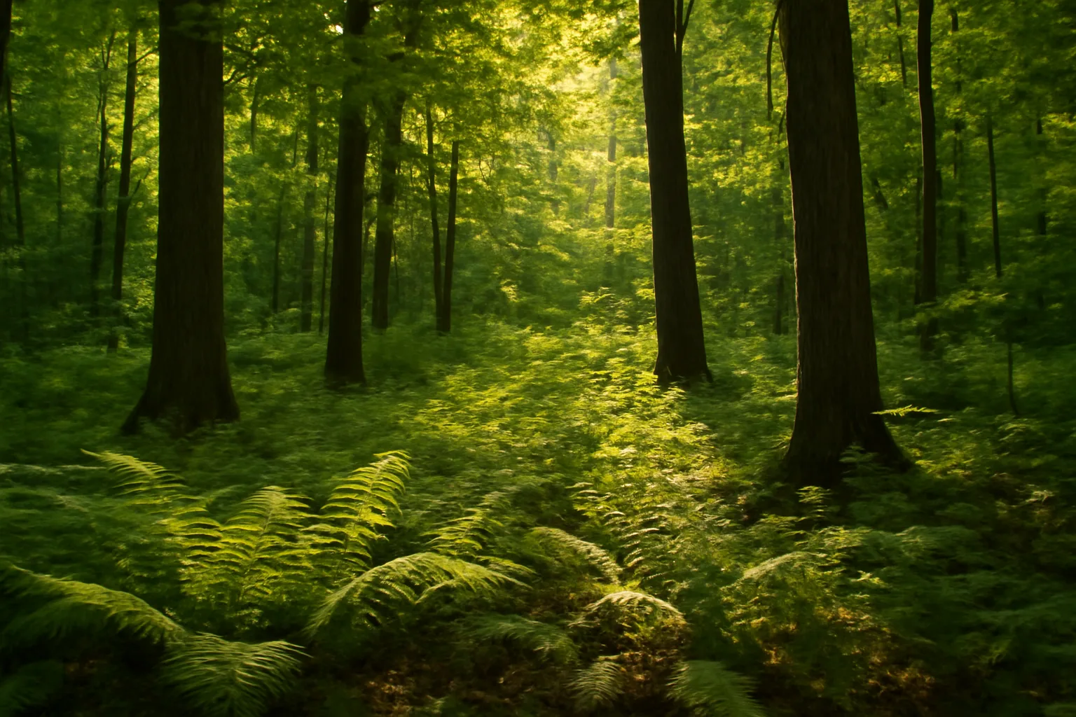 Sunlit hardwood forest with oak and maple trees, ferns on forest floor