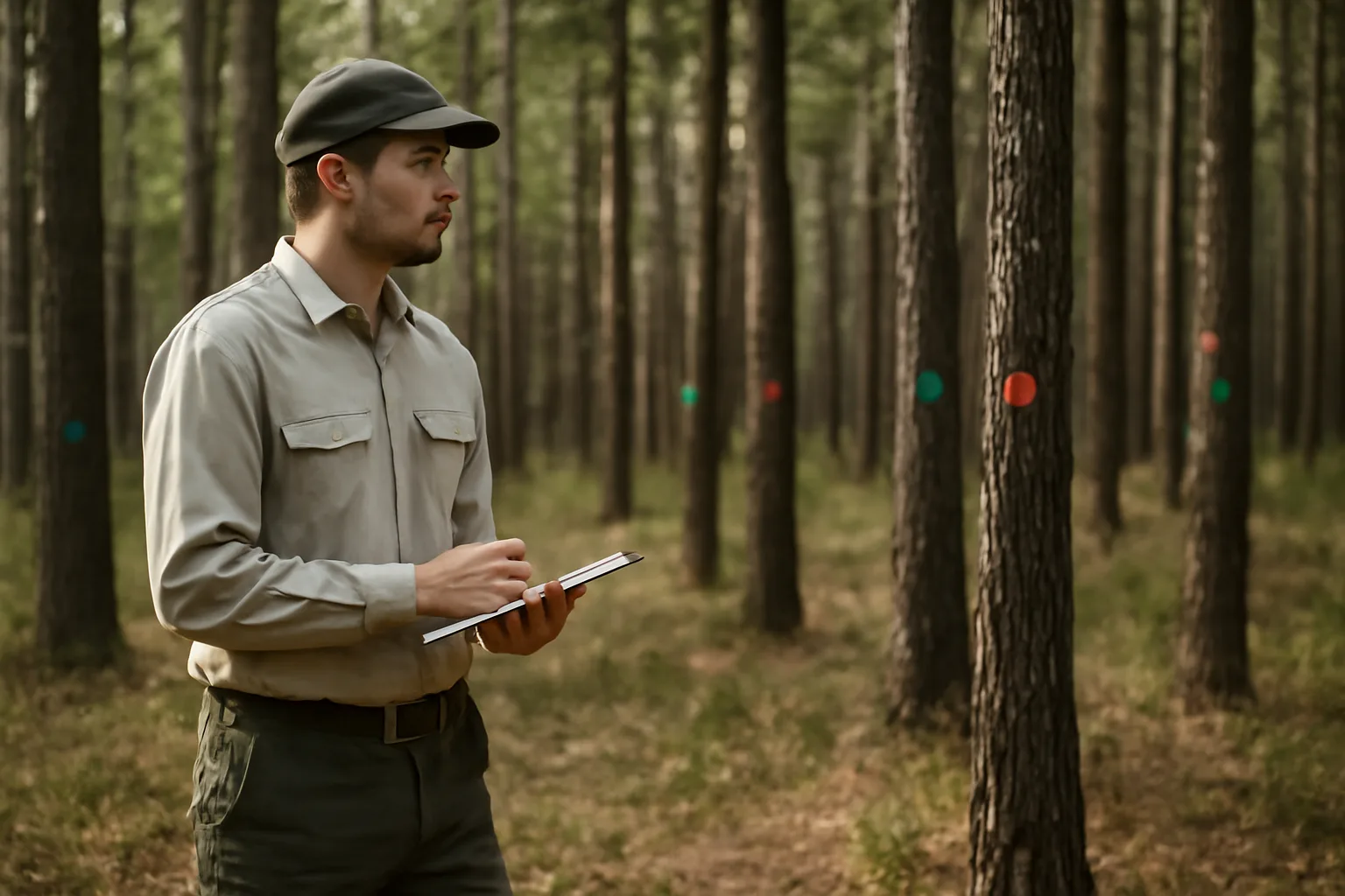 Forester reviewing a managed forest plan among marked pine trees in a thinned woodland