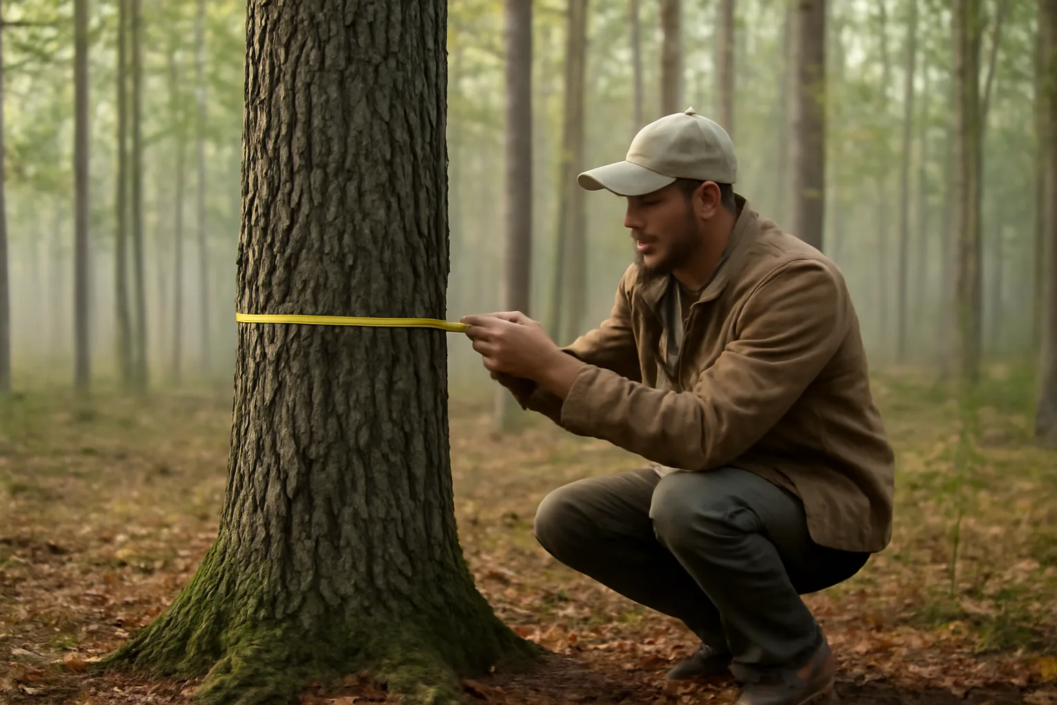 Forester inspecting a tree in a managed woodlot under the Ontario forest tax program