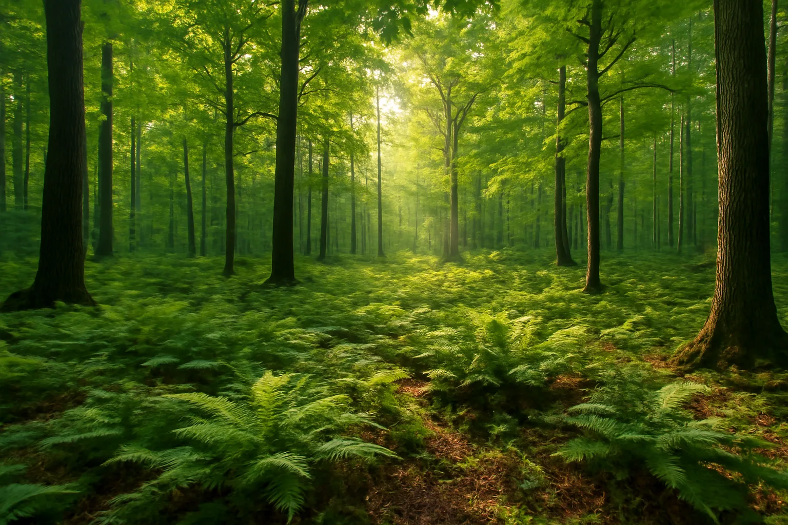 Michigan hardwood forest canopy with sunlight for Qualified Forest Program property tax article