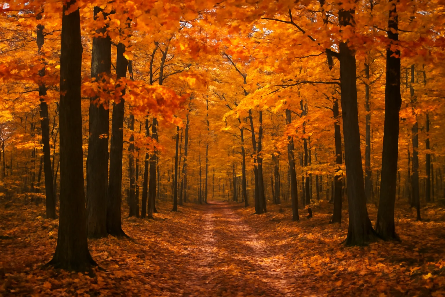 Michigan hardwood forest in autumn with red oak and maple trees, forest management context