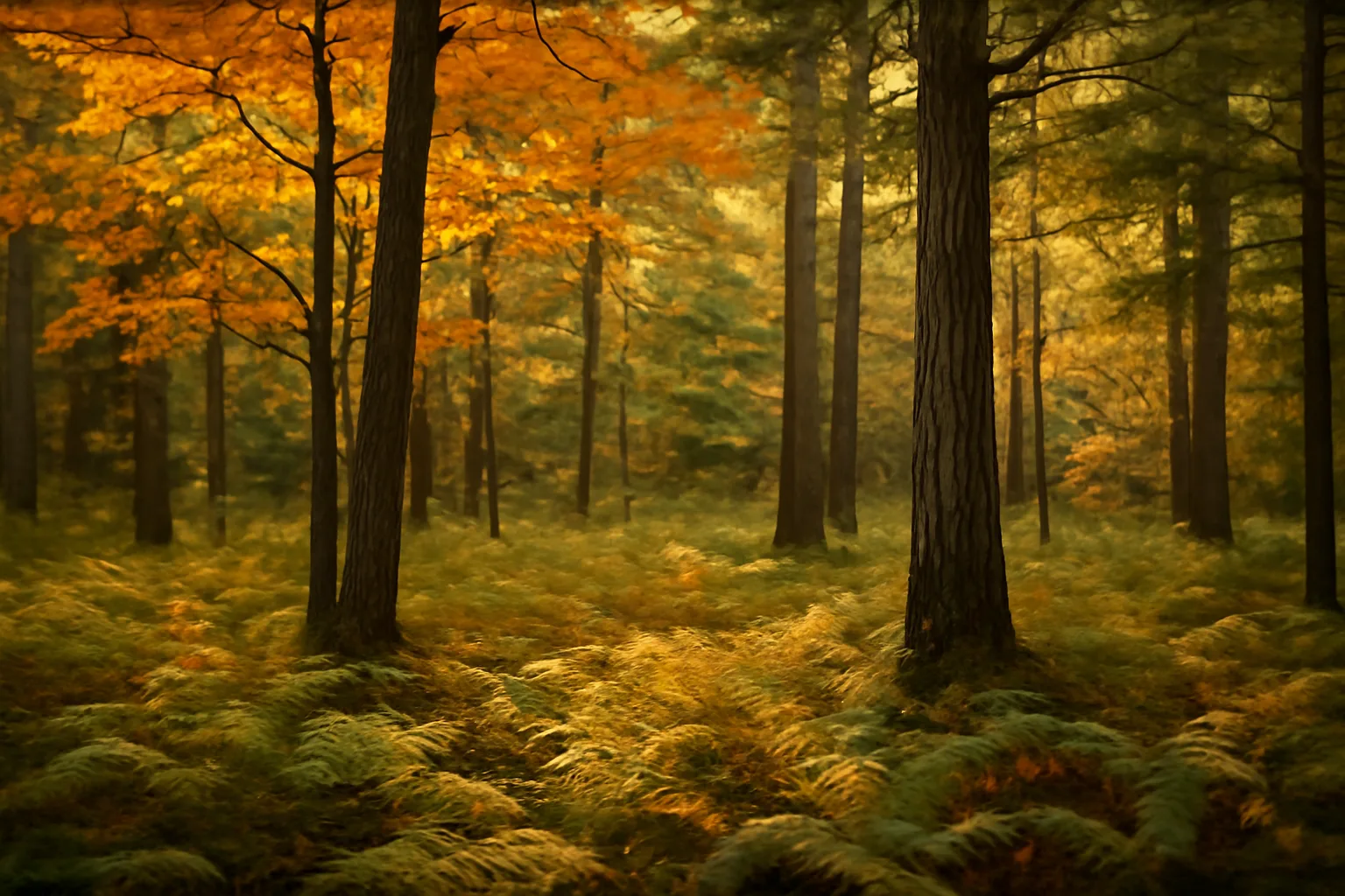 Michigan sugar maple and white pine forest with natural understory in autumn
