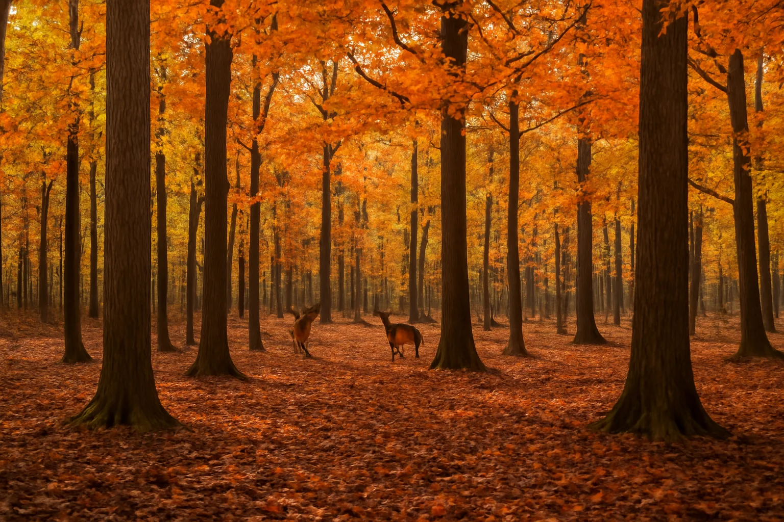 Michigan hardwood forest in autumn with deer among oak and maple trees