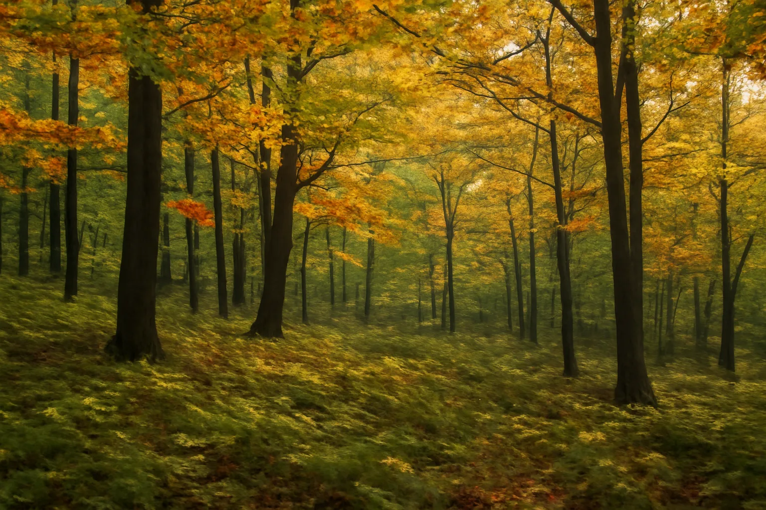 Michigan hardwood forest in autumn, oak and maple canopy, natural understory