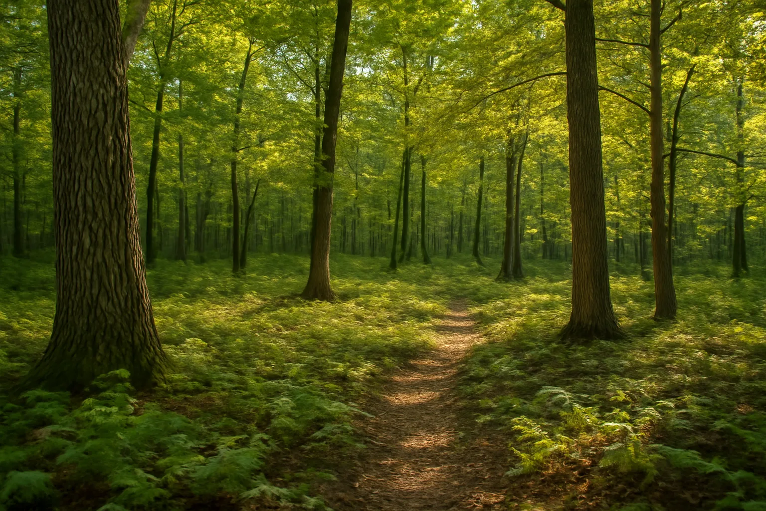 Sunlight through Michigan mixed hardwood forest stand with oak and maple trees