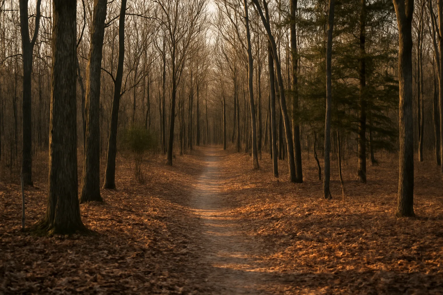 Sunlit Michigan hardwood forest trail through 160 acres of managed woodland