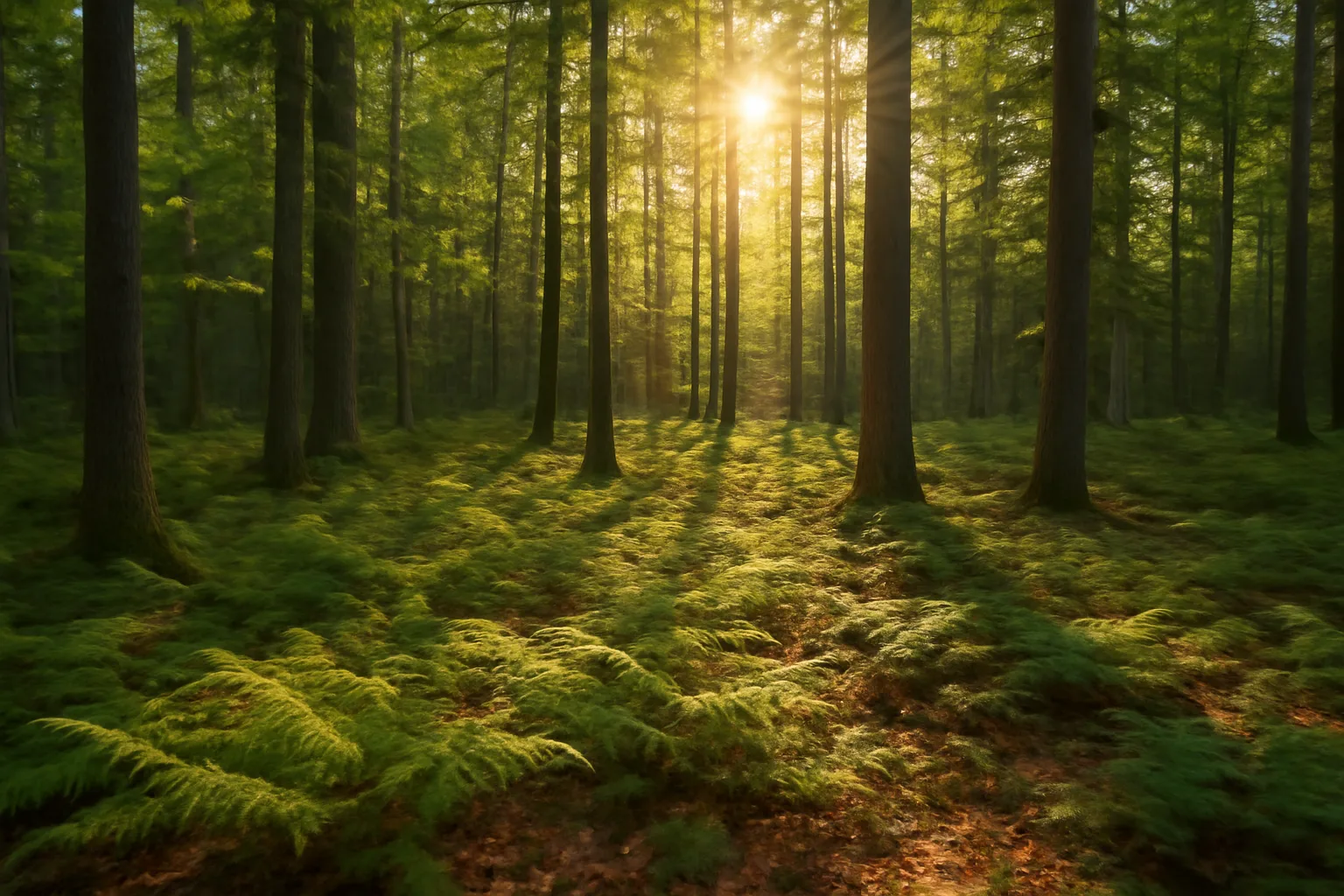 Sunlight through mixed hardwood and pine forest in northern Michigan