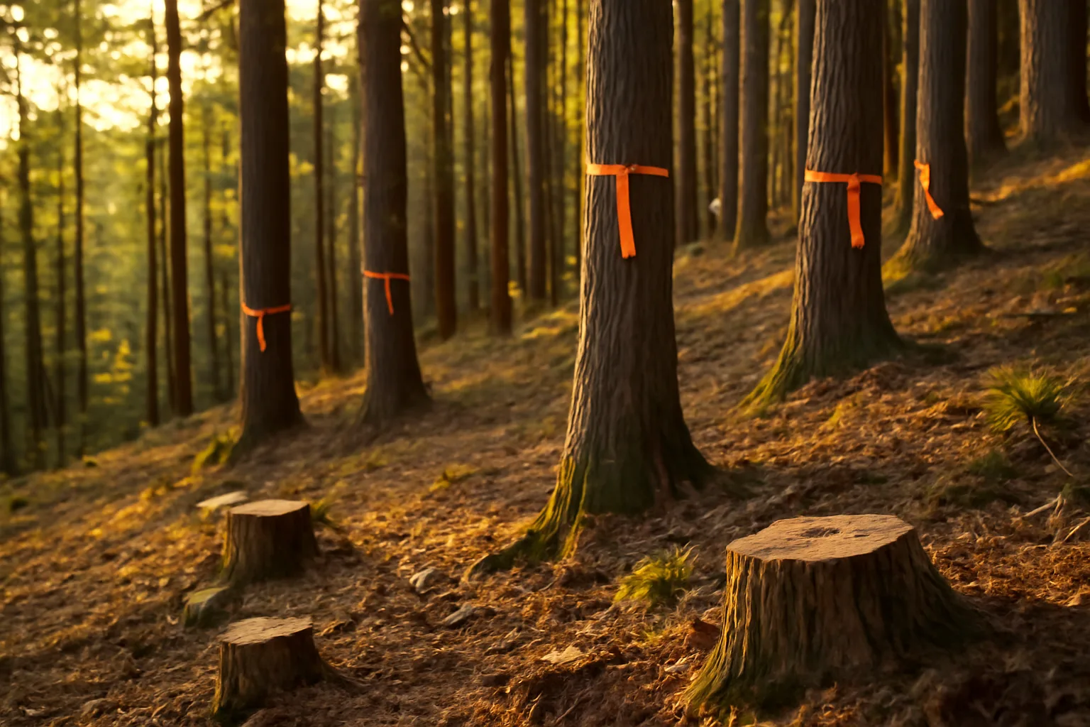 Marked timber stand on a wooded hillside used for forest management planning