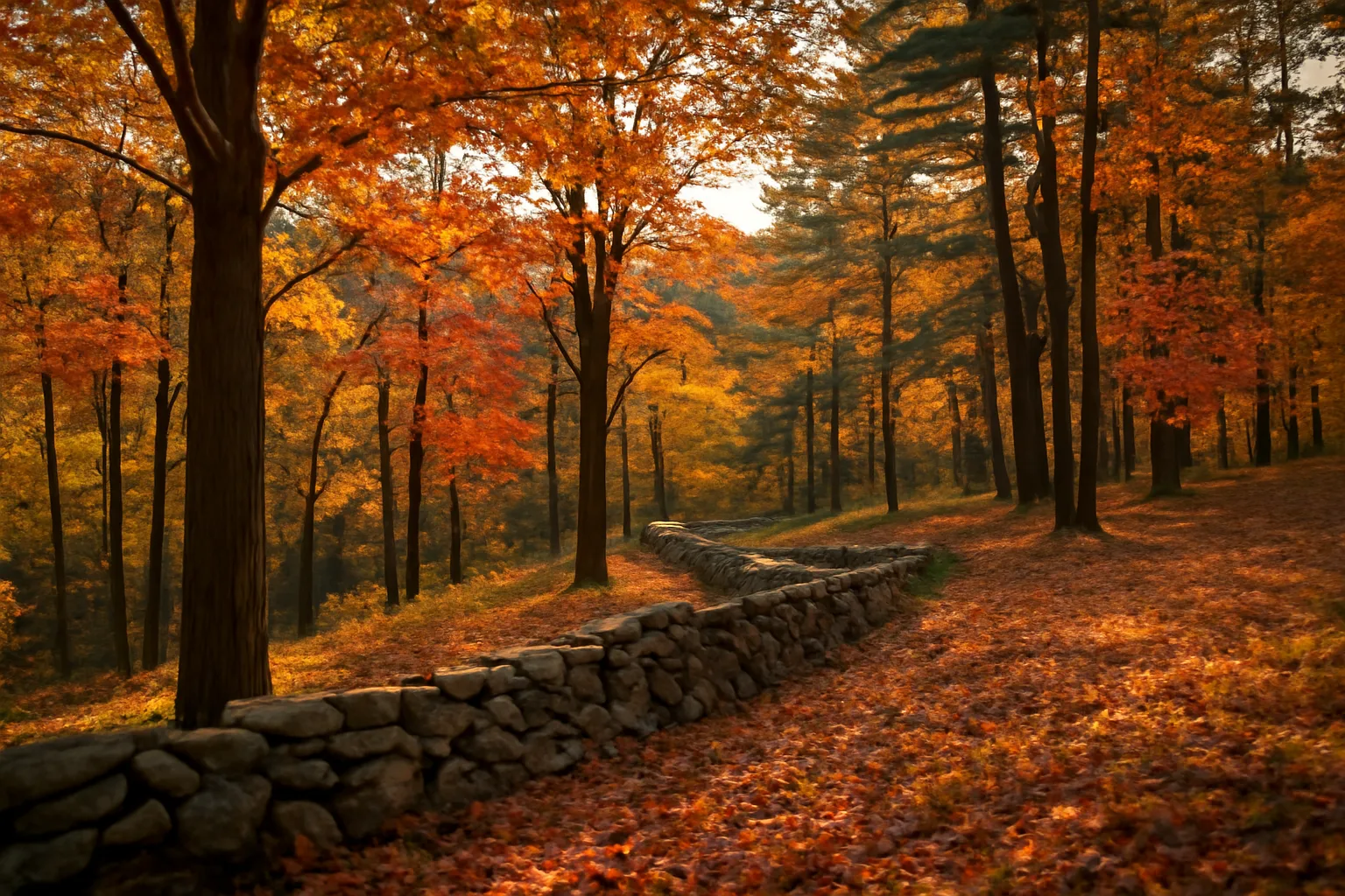 New Hampshire woodland with stone wall, illustrating land eligible for current use tax rates