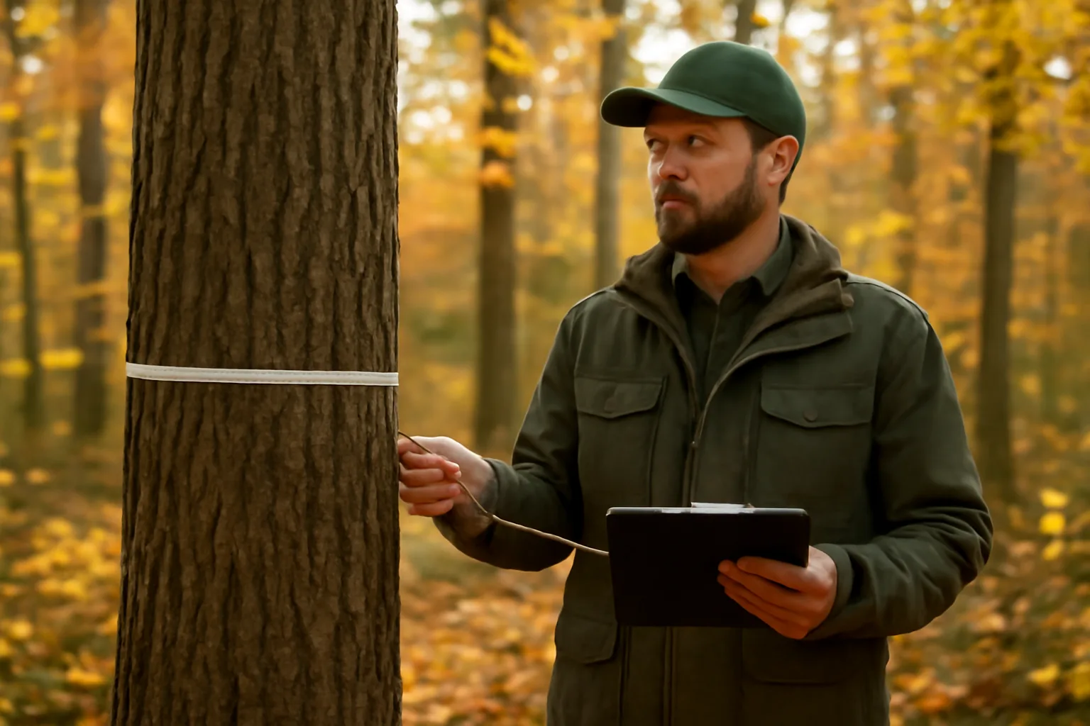 Forester measuring a marked tree in a mixed hardwood forest for a management plan