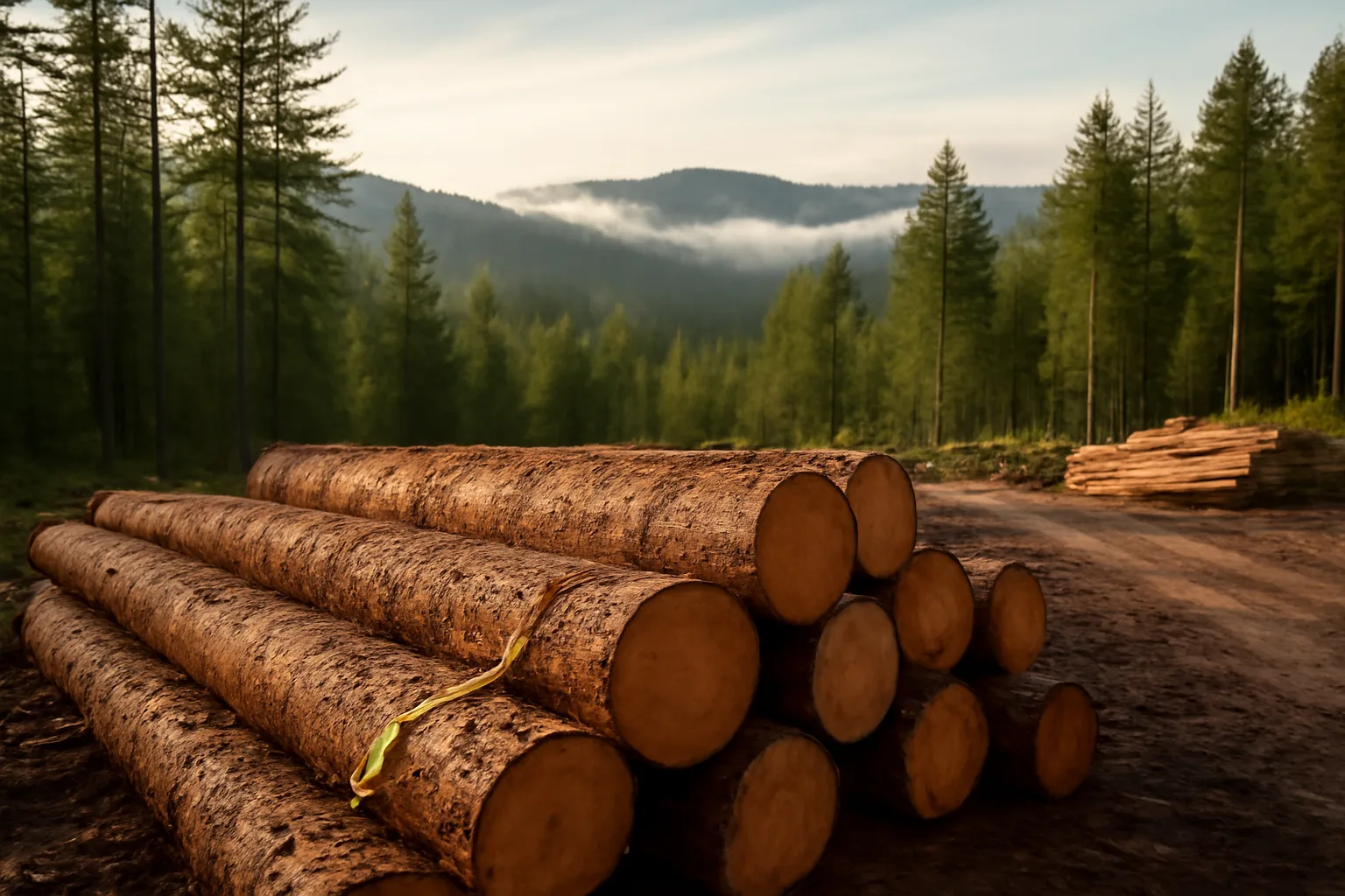Stacked timber logs at a forest landing in an Oregon woodlot at dusk