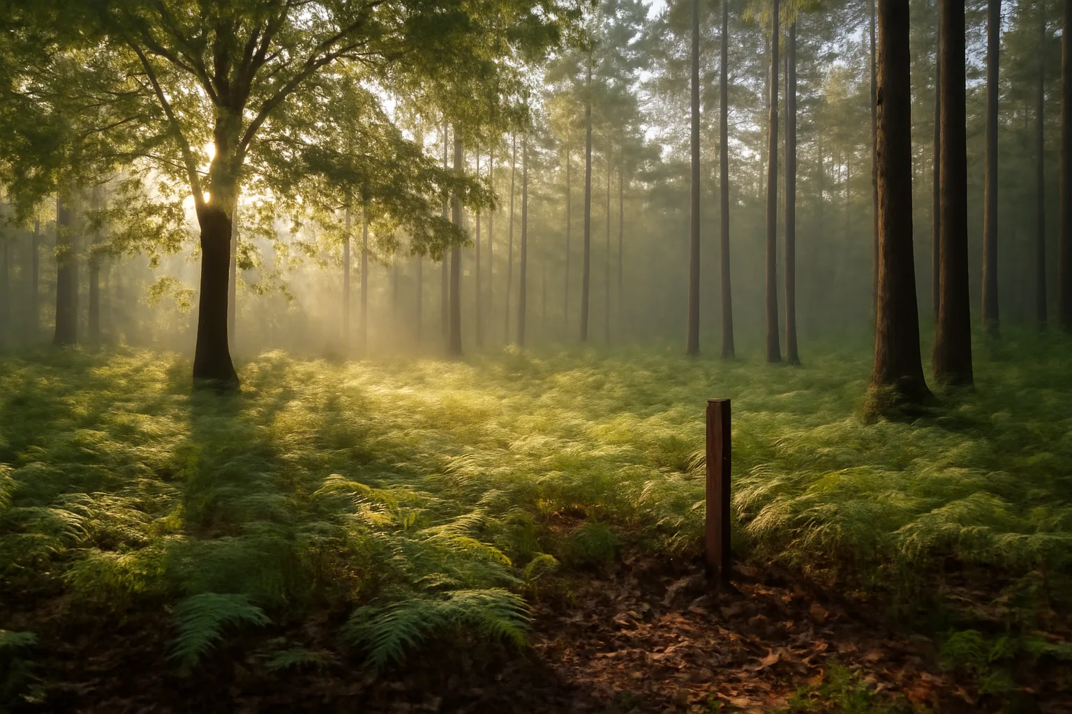 Misty East Texas pine woodland at dawn representing wooded acreage near The Woodlands