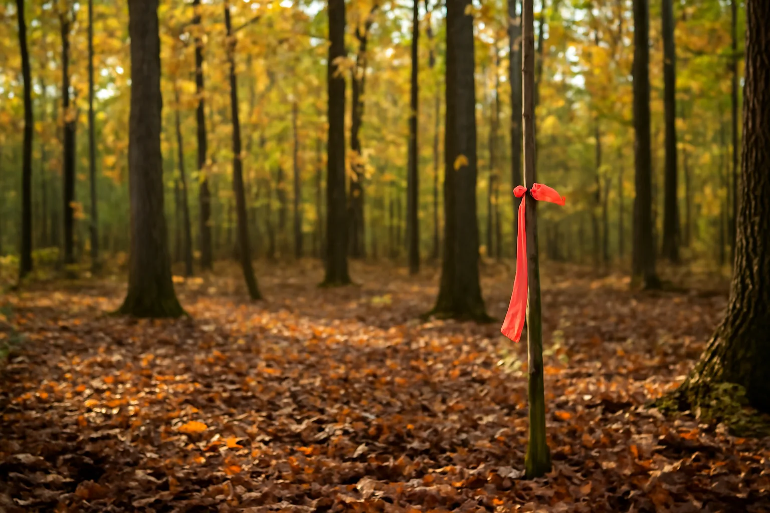 Sunlit Michigan hardwood forest with a marked tree, illustrating qualified forest program land