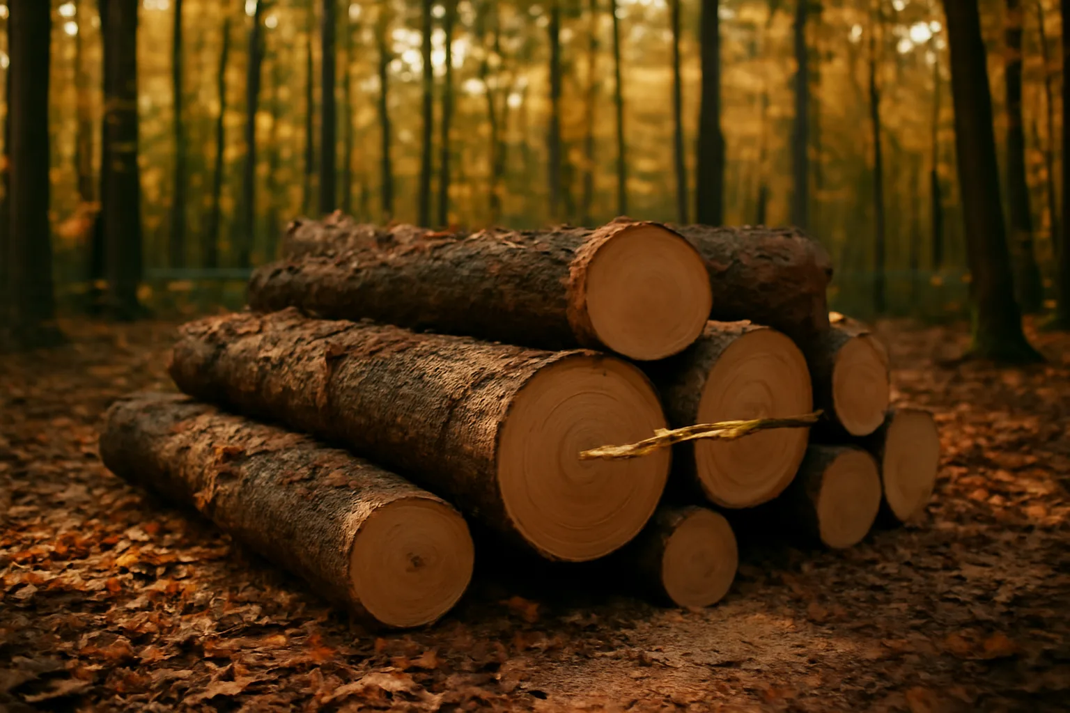Stacked cut logs at a forest landing after a timber sale on private woodland