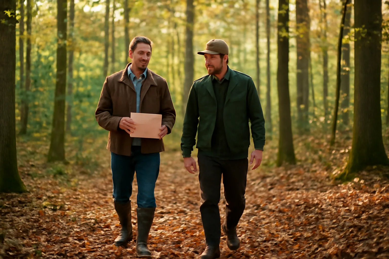 Landowner and forester walking a wooded property while reviewing a simple forest management plan