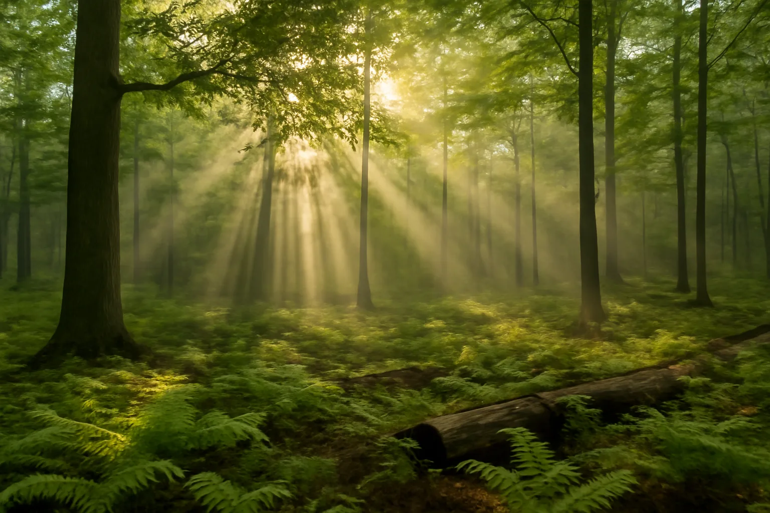 Morning sunlight through mixed hardwood forest canopy with understory ferns and mist