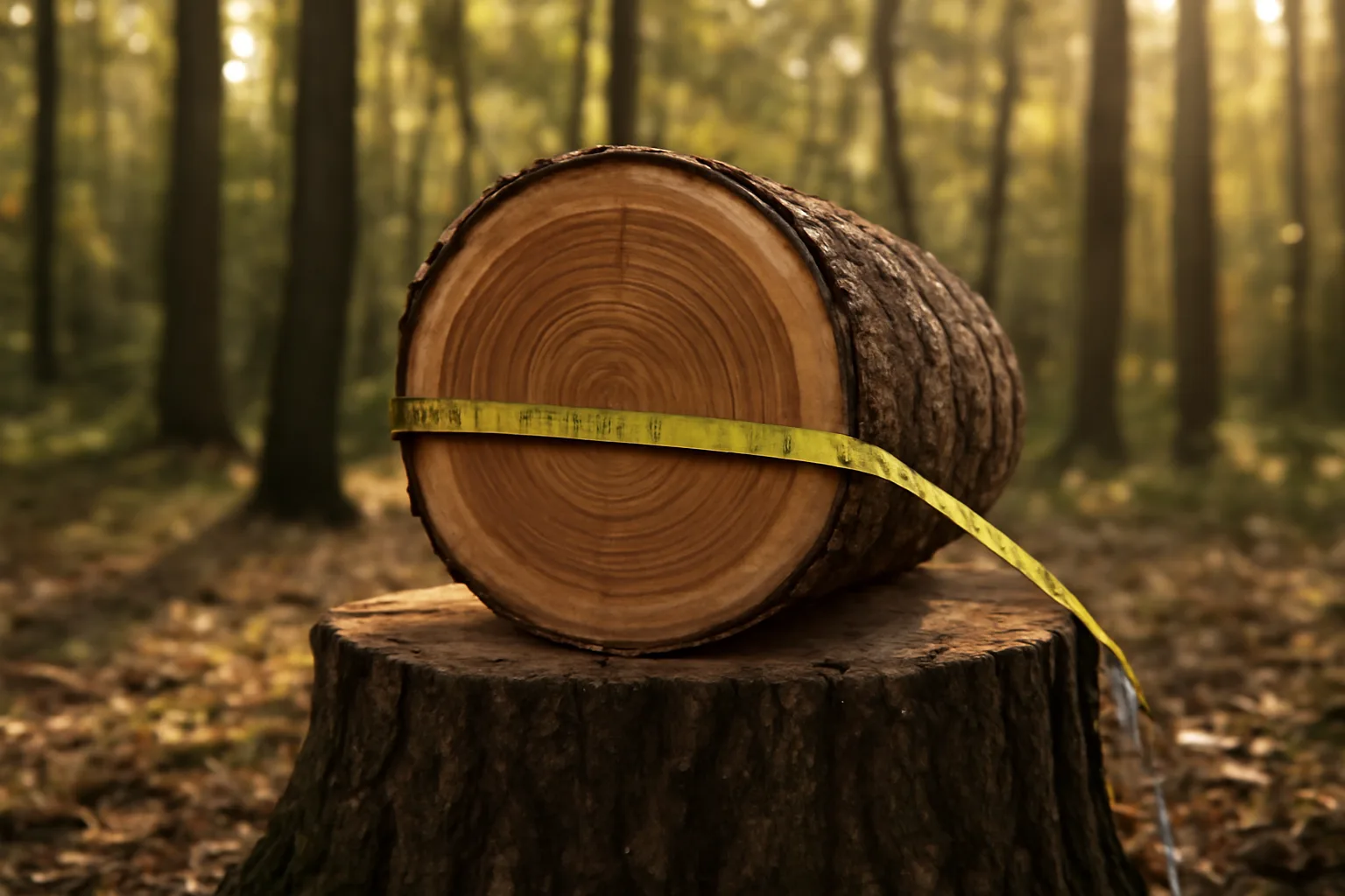 Cut log cross-section with visible growth rings in a wooded lot, illustrating timber sale valuation