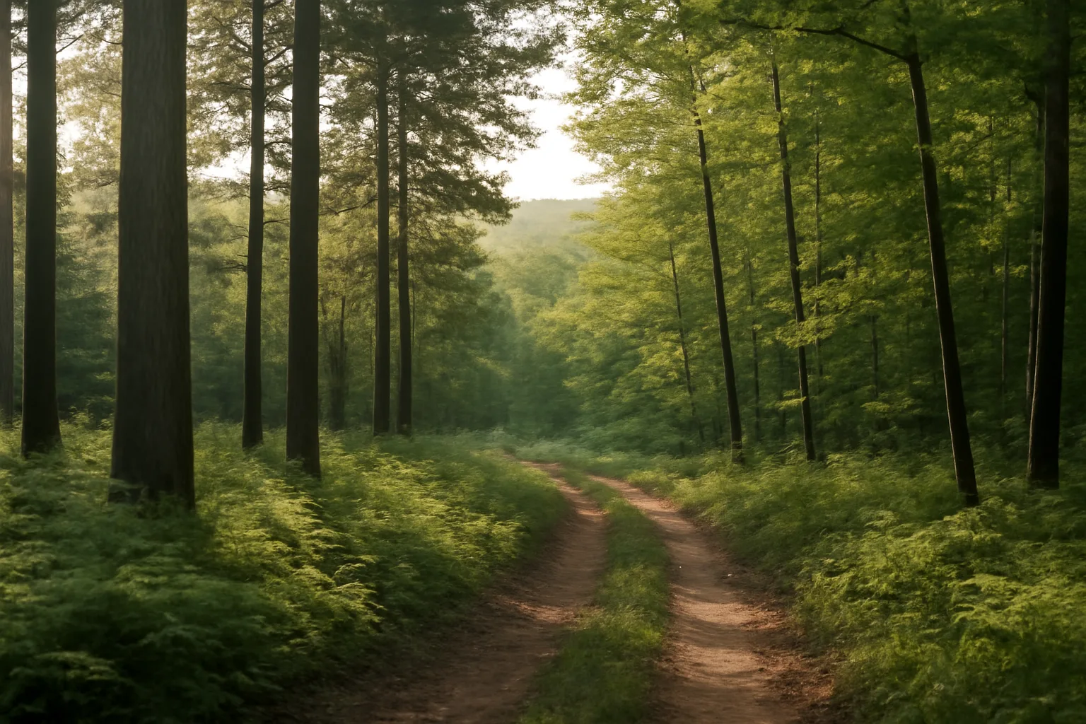 Sunlit managed forest stand on Tennessee hillside with a dirt access road
