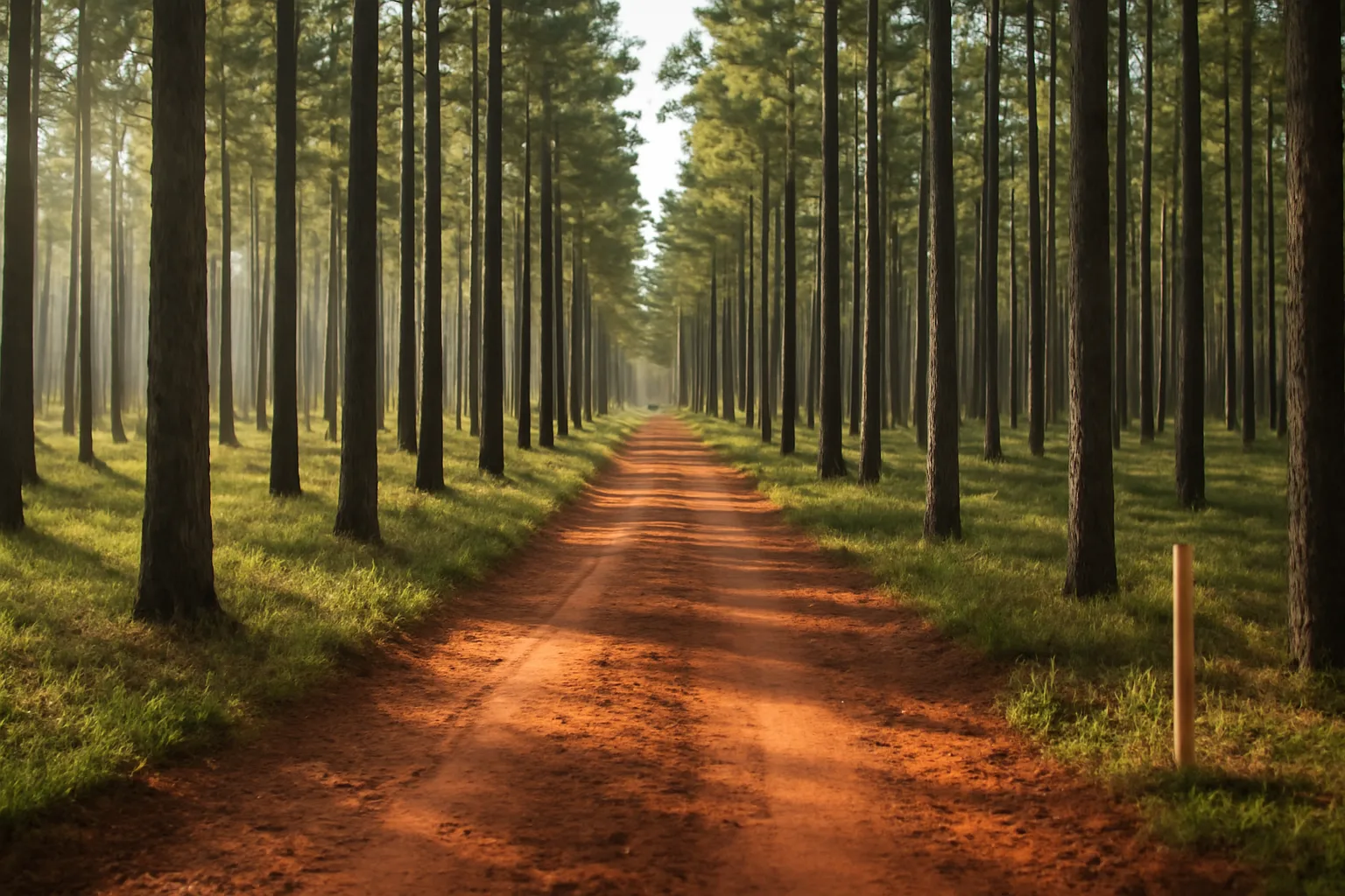Rows of managed pine trees in East Texas at sunrise, relevant to timber exemption acreage