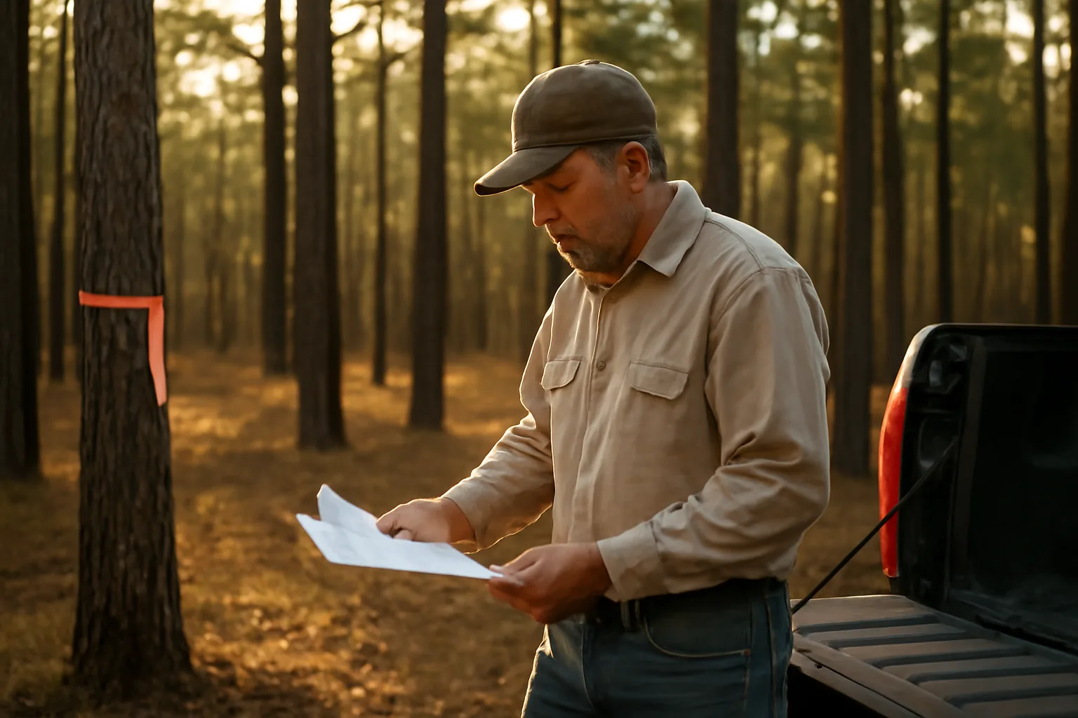 Landowner reviewing timberland paperwork at a truck tailgate in a Texas pine forest