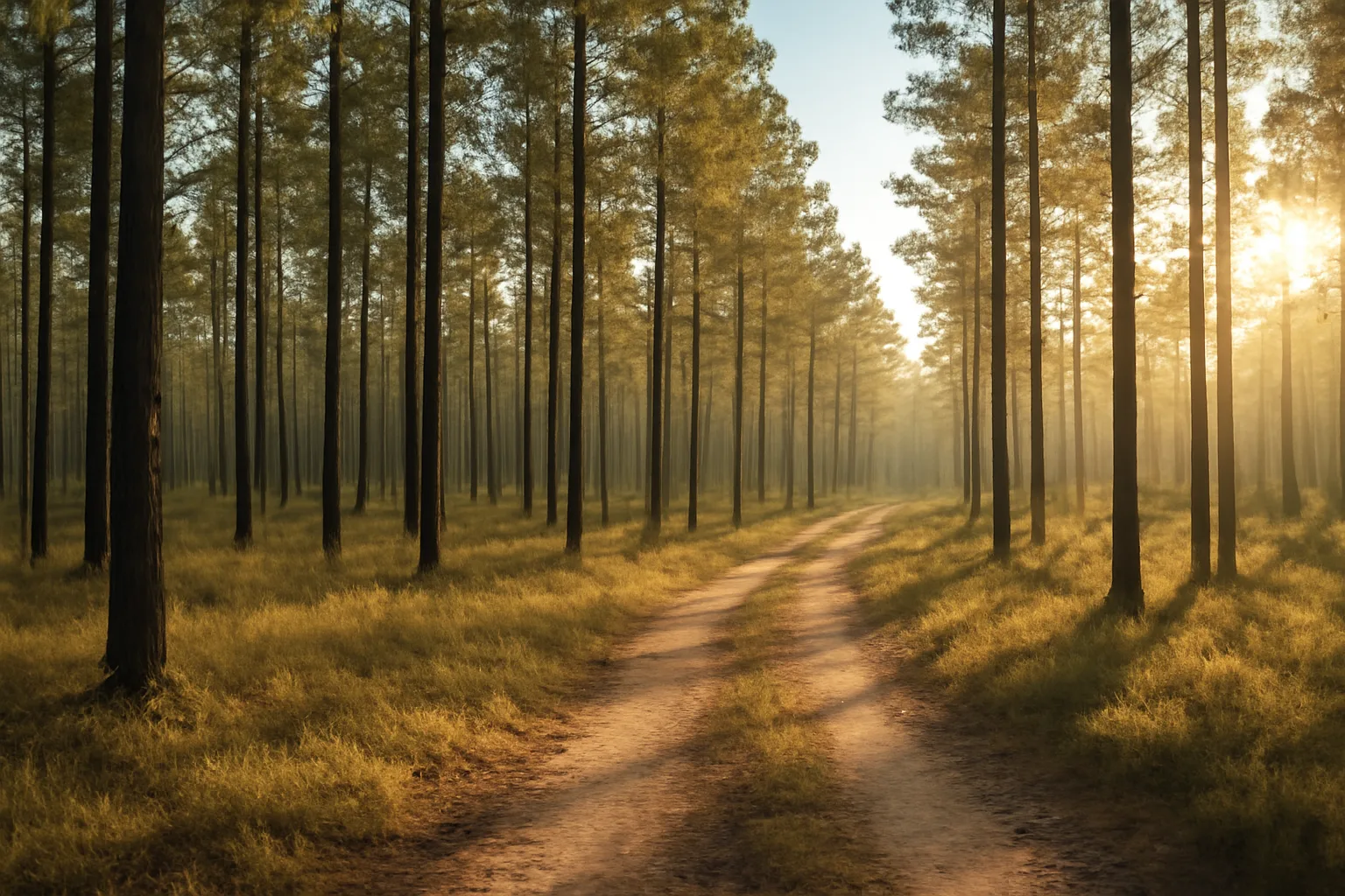 East Texas pine timberland with thinned rows and a dirt access road at sunrise