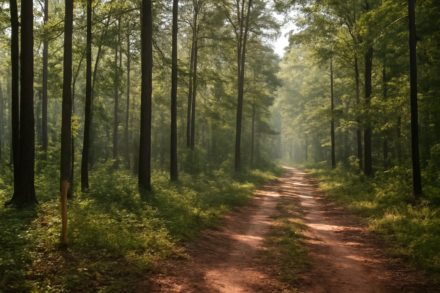East Texas timberland at sunrise showing pine and hardwood stand near a dirt road