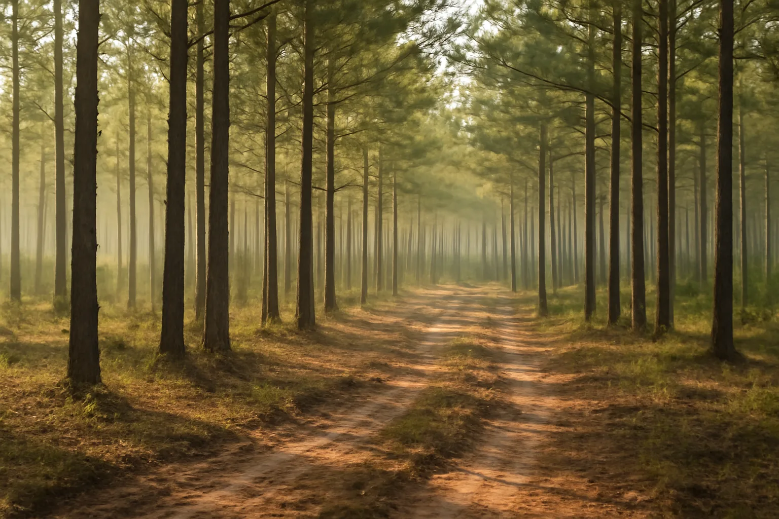 Sunlit thinned pine stand in East Texas showing managed timber resources