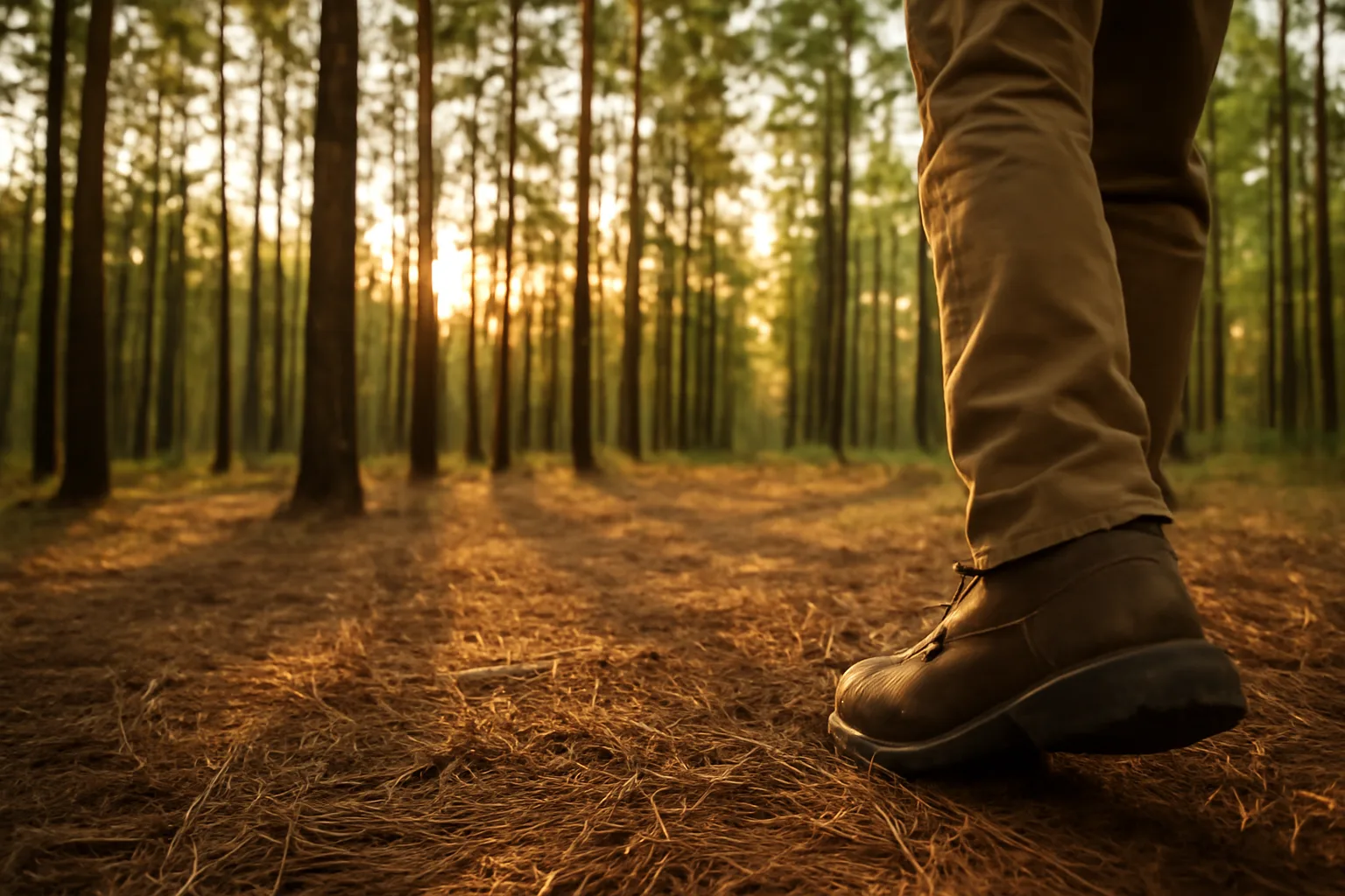 Managed East Texas pine timberland showing thinned rows under afternoon light