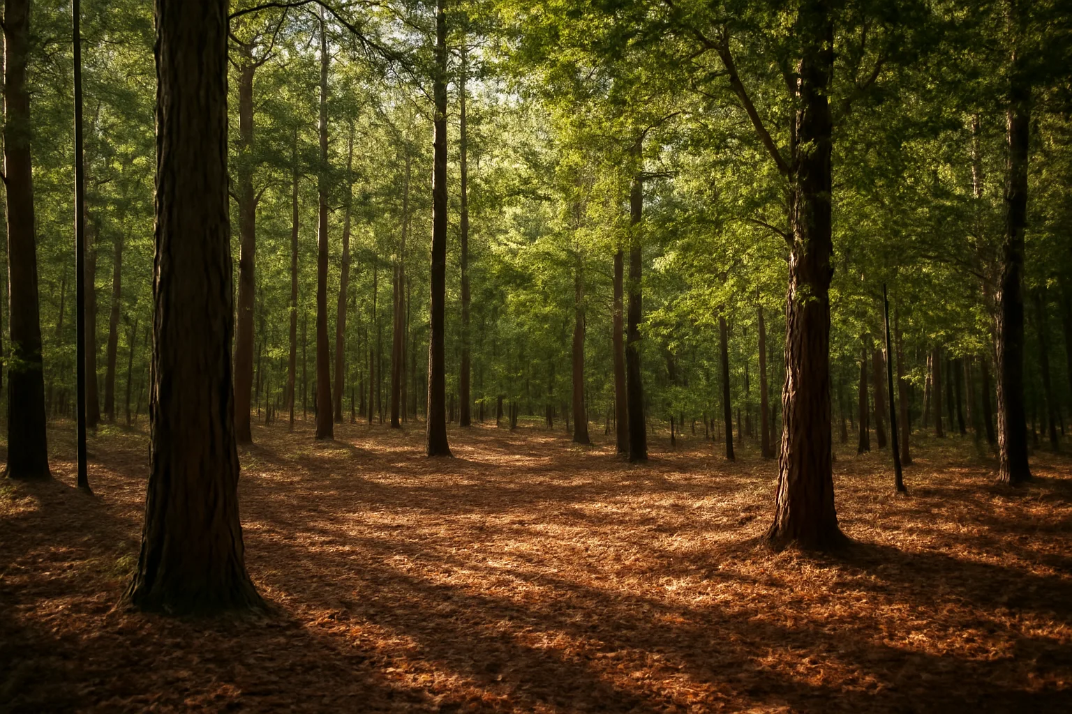 Sunlight through pine and hardwood forest canopy in East Texas timber stand