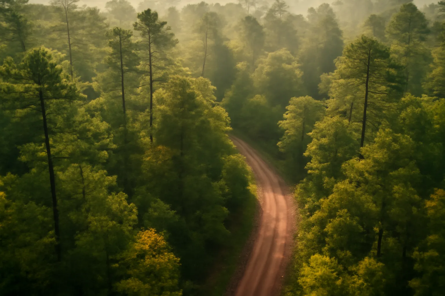 Aerial view of mixed pine and hardwood forest in The Woodlands, Texas