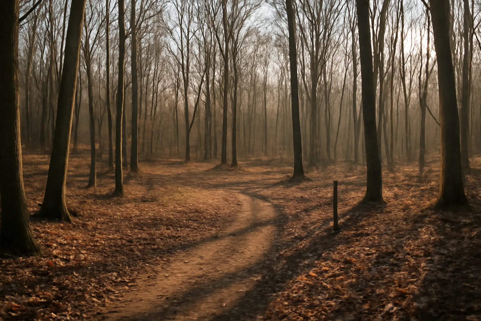 Sunlit hardwood woodlot on sloped land with a dirt trail, illustrating woodlands property tax rate topic