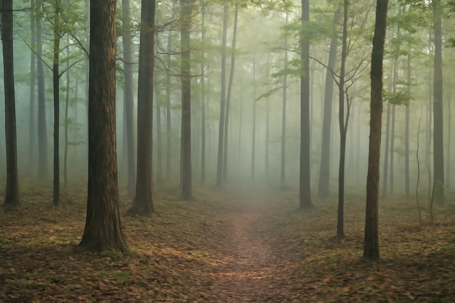 Misty morning light through a private woodlot on wooded acreage before a timber sale