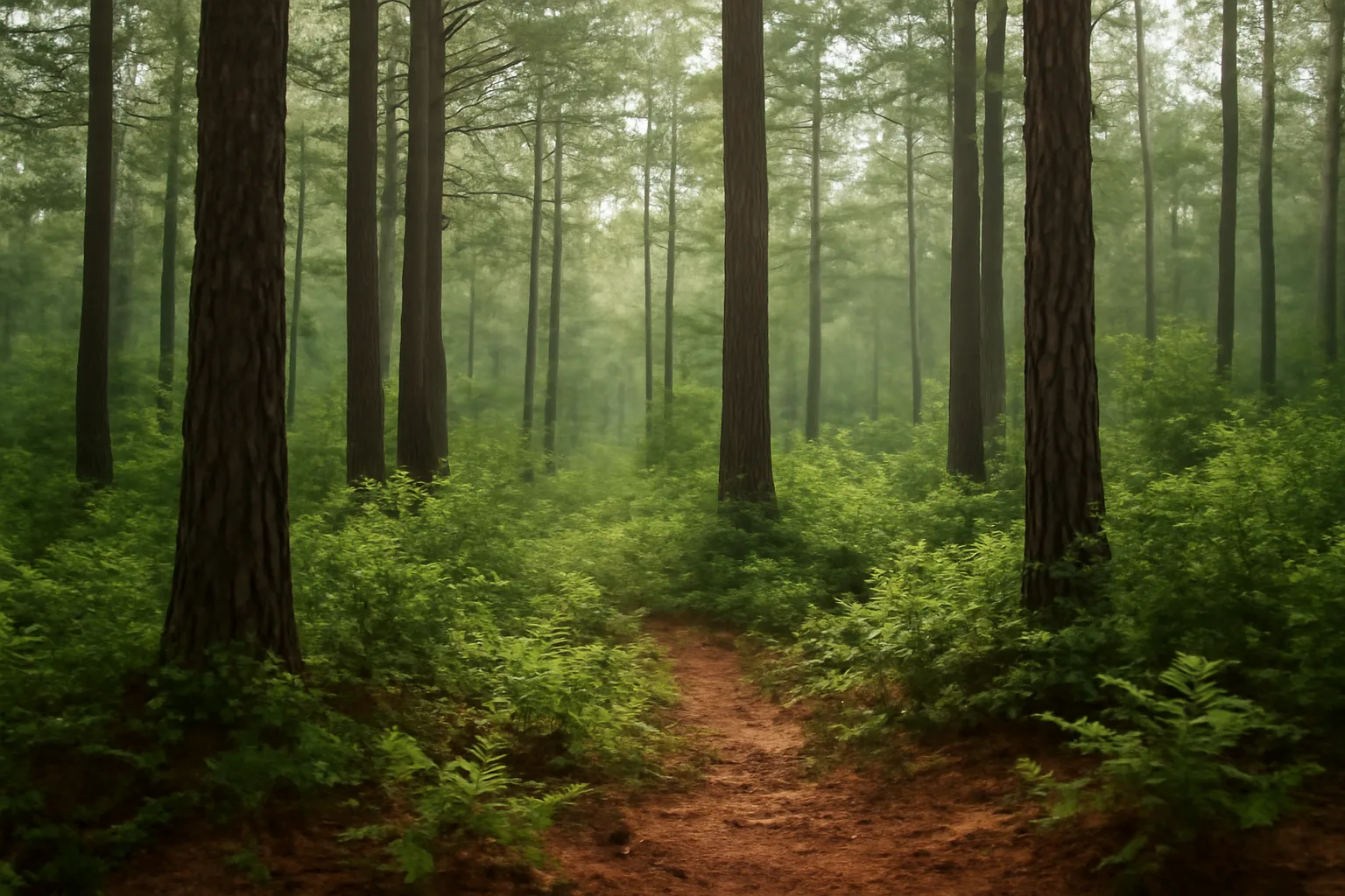 Mature pine forest in Montgomery County with understory vegetation and red clay soil