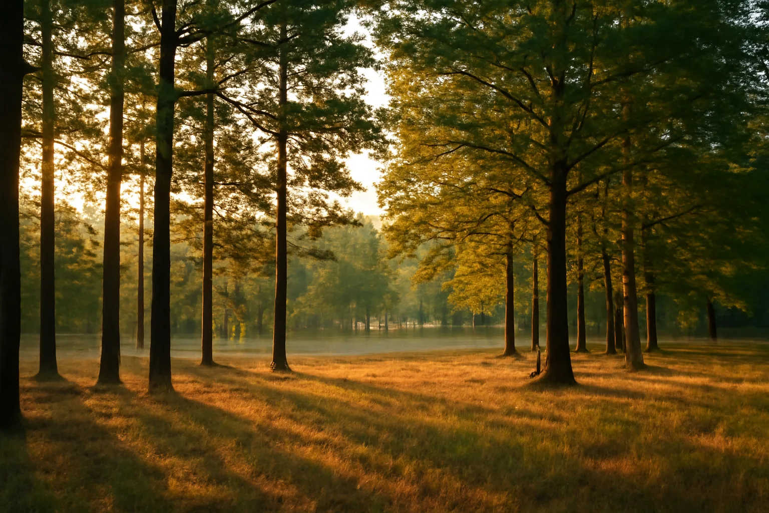Sunlit pine and hardwood woodland tract near The Woodlands, Texas at dawn