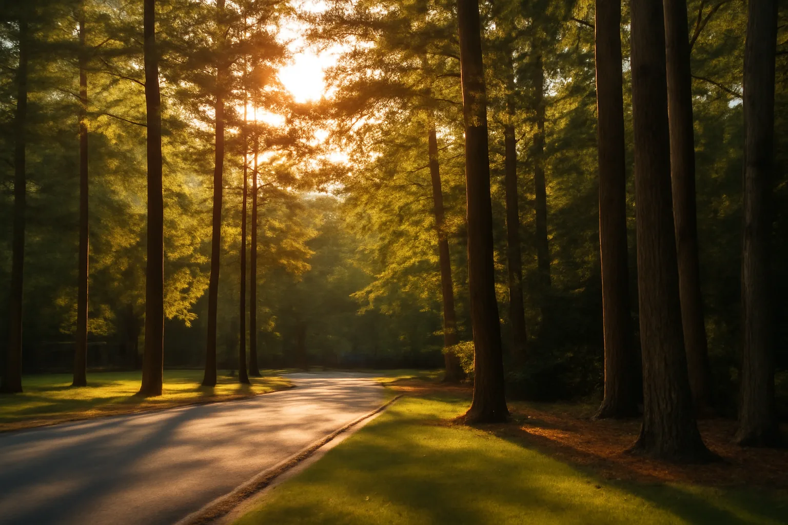 Wooded residential lot at golden hour in a Texas suburb near The Woodlands