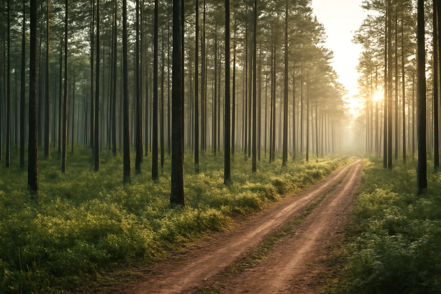 Managed pine timber stand in East Texas showing thinning rows and dirt access road at dawn