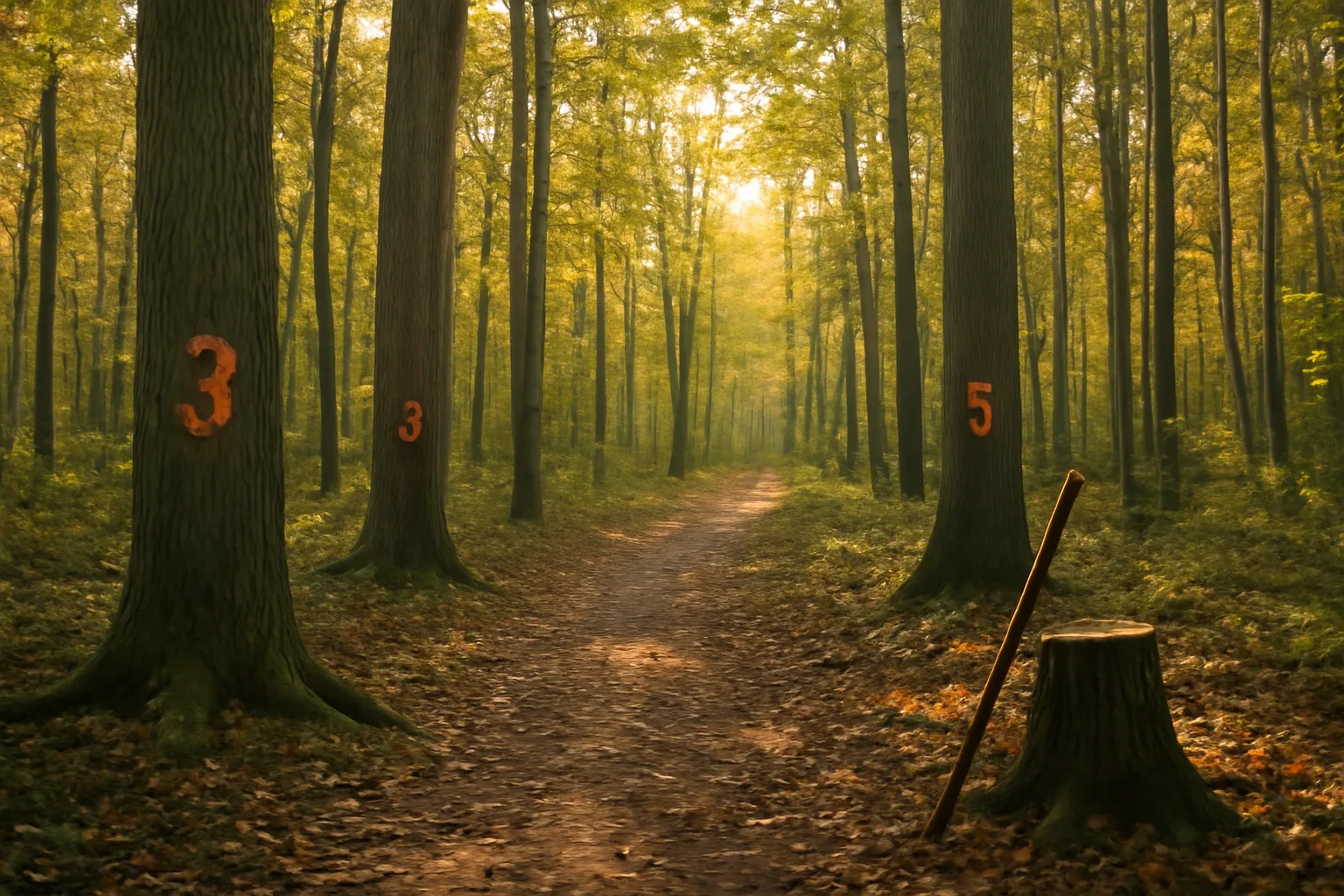 Sunlit forest skid trail through marked hardwoods, illustrating a timber management plan in practice