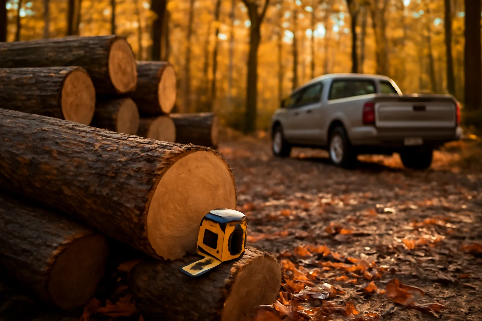 Freshly cut timber logs stacked at a woodlot landing during a harvest
