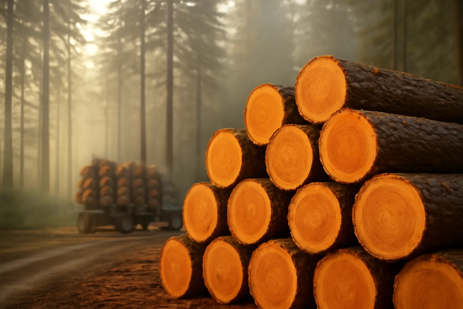Freshly cut timber logs stacked at a forest landing in Oregon at dawn