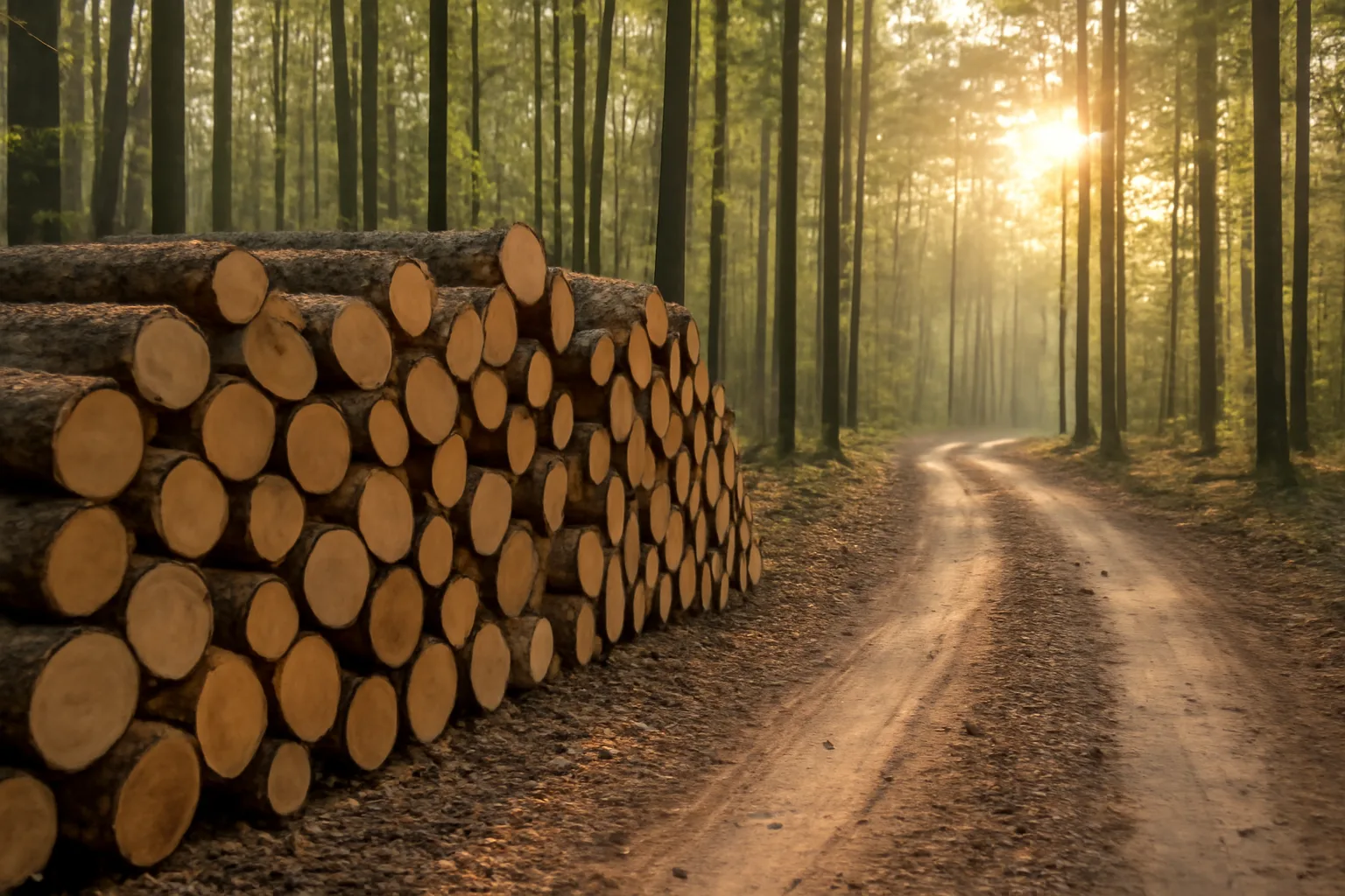 Stacked cut logs at edge of a managed forest logging road in morning light