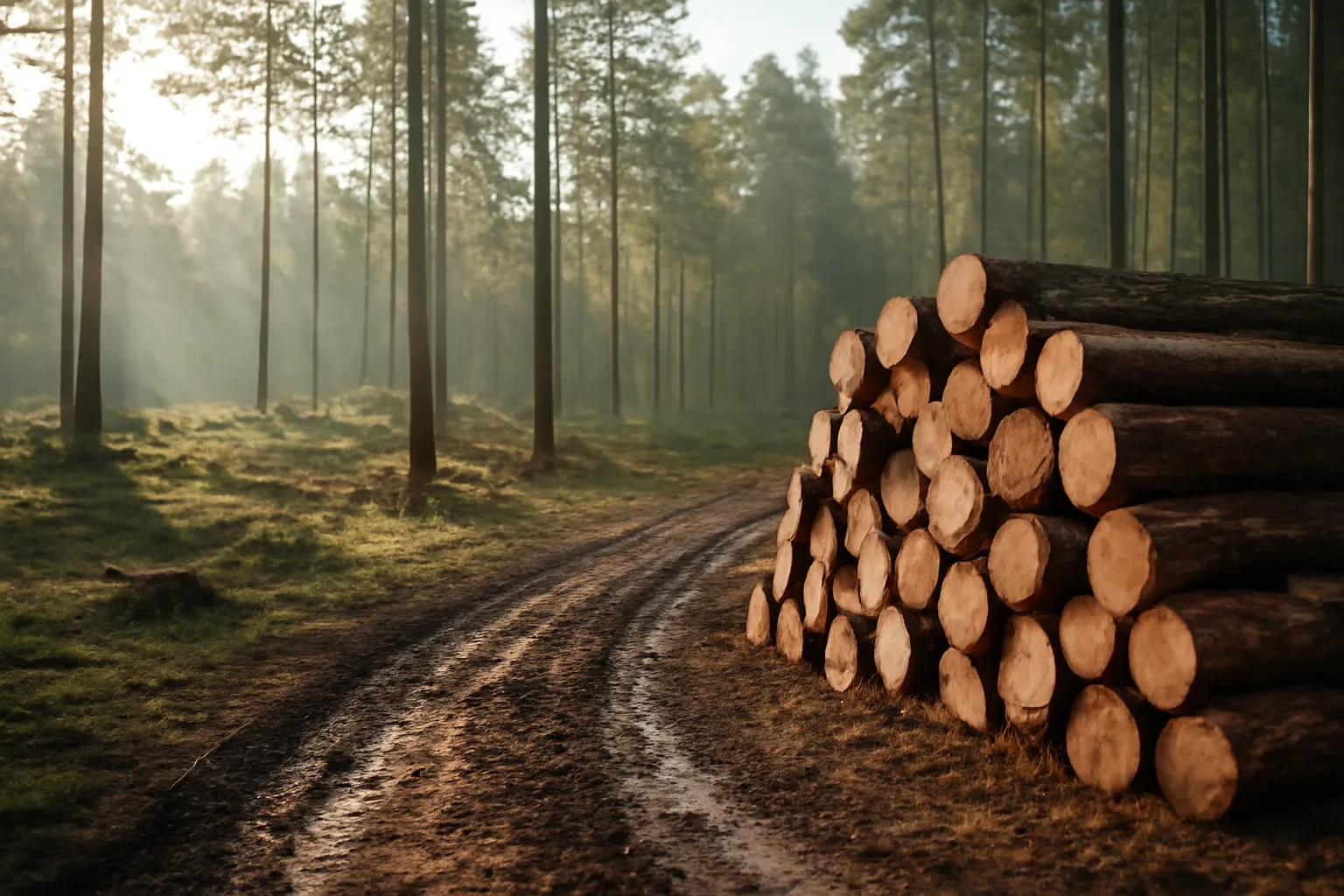 Stacked cut logs at the edge of a selectively harvested pine woodland in morning light