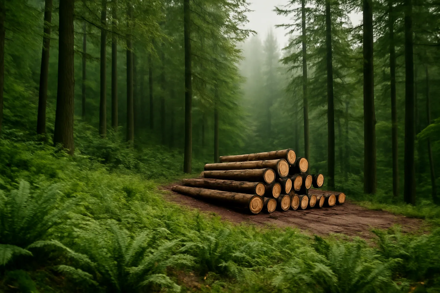 Logging landing with stacked timber in a Washington state forest under overcast morning light
