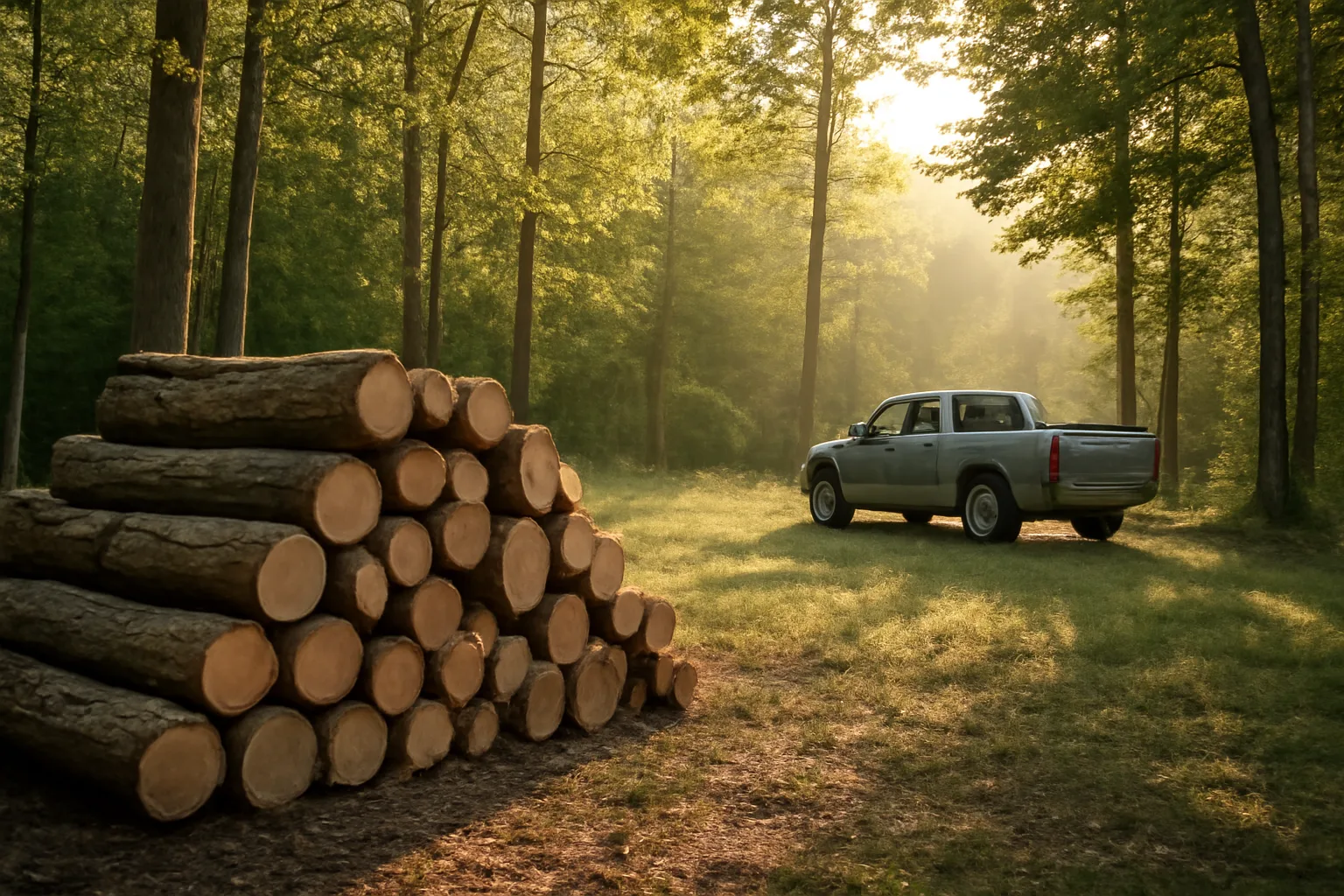 Stacked cut logs at a forest clearing edge, illustrating timber taxation on a harvest sale